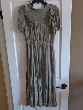 Roolee Olive Green Pintuck Maxi Dress With Pockets